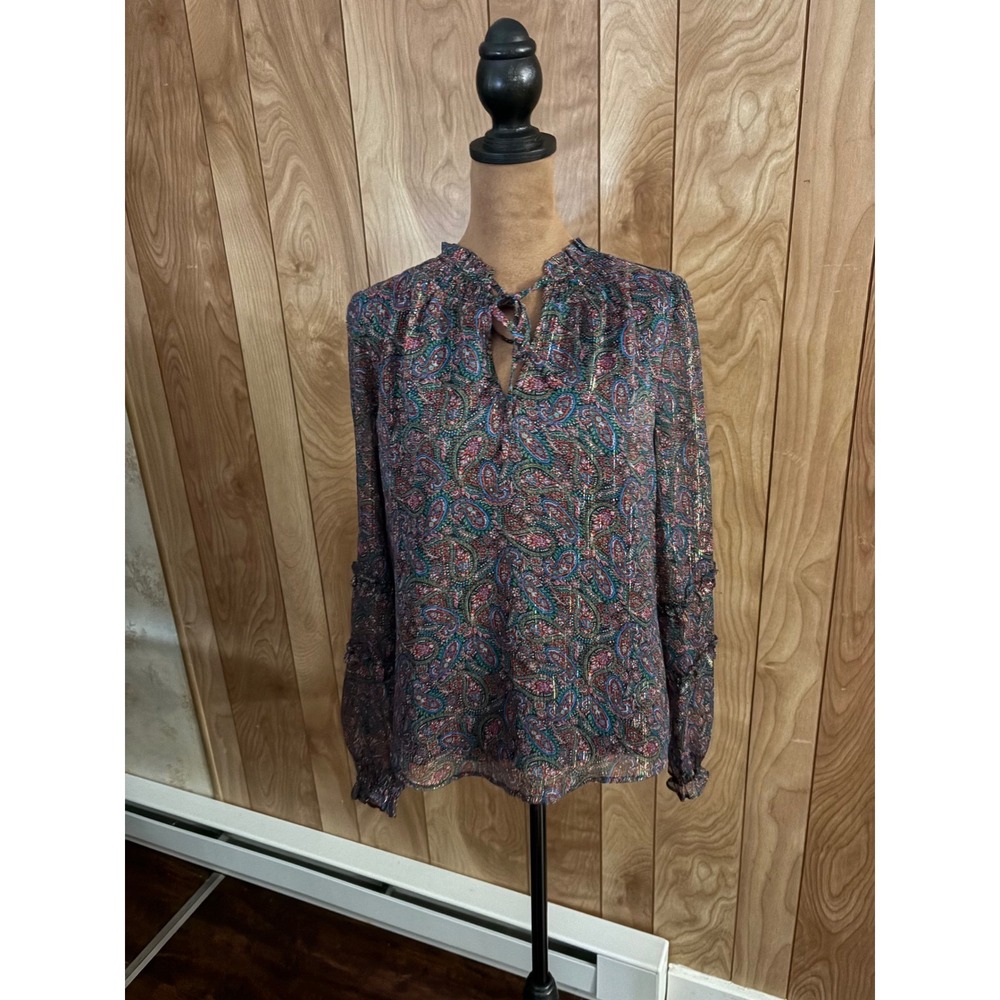 Loft Womens Small Metallic Paisley Ruffle Sleeve Tie Neck Blouse Multi-Color NEW
